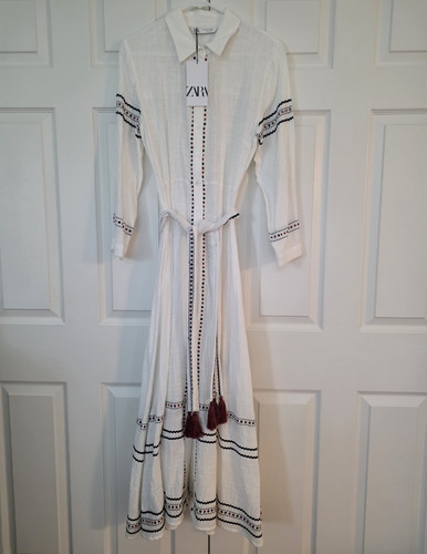 Zara White Cotton Maxi Shirt Dress Embroidered Tassel Belted Size S