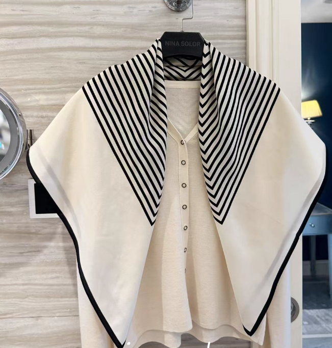 Pure 16 Momme Silk Bandanna Scarf Wrap black lines Print Square Shawl 90X90cm