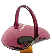Vintage Deep Purple Amethyst Optic Glass w/Applied Handle Basket/Candy Dish/Bowl