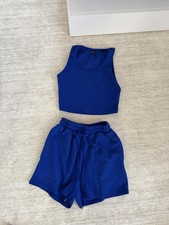 Women's Blue 2-Piece Knit Athleisure Tank  Shorts Set S Elastic Waist