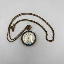 Vintage Antique Lady Ann Pocket Watch On Chain Enameled Gold Foil Floral WORKS!