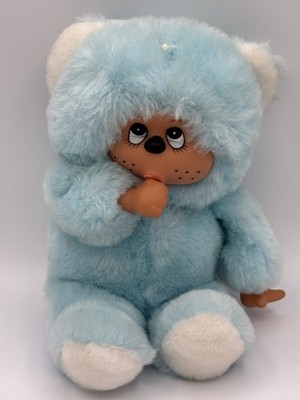 Vintage 1993 Monchhichi Baby Blue Plush Doll Thumb Sucker Kawaii Toy EUC