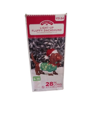 Holiday Time Light up Fluffy Dachshund Dog 28" Long In Box Green Sweater Hat - Picture 11 of 15