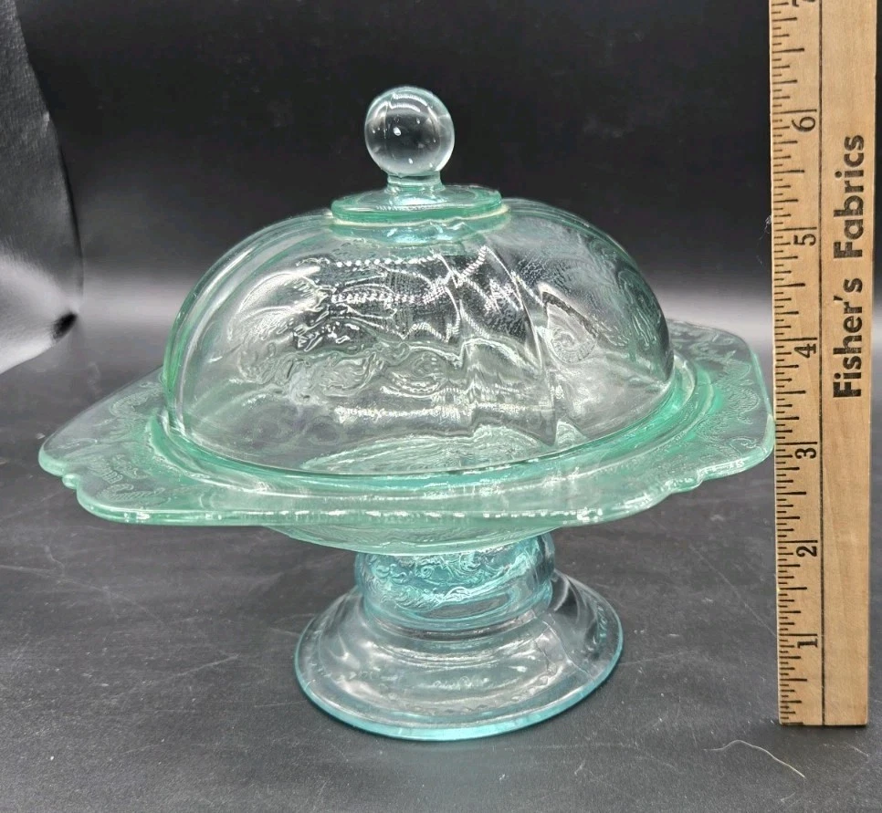 Vintage Indiana Glass Madrid Teal Pedestal Butter Dish with Cover Lid 6.5"