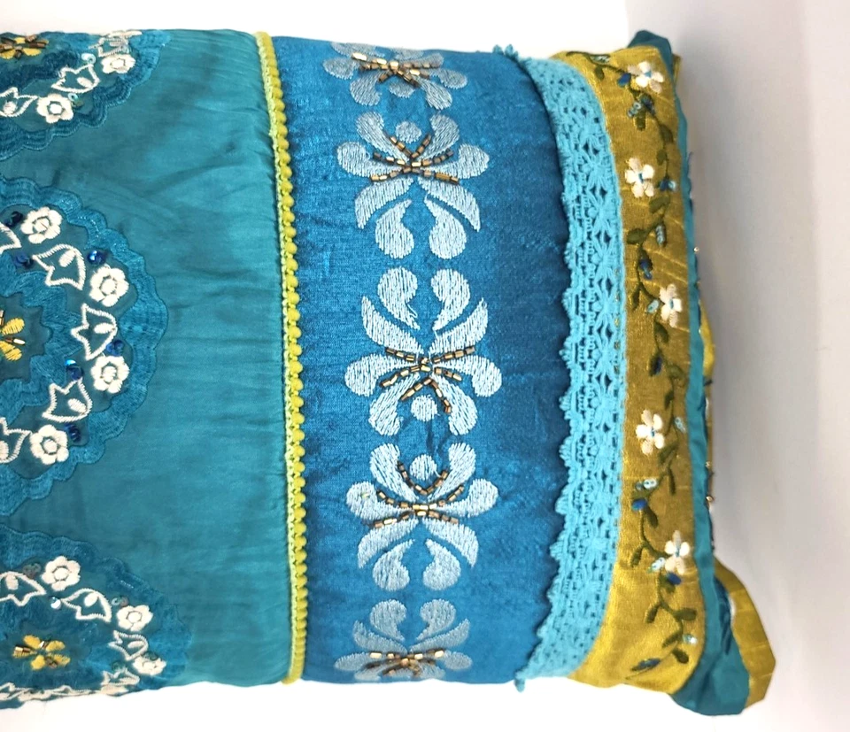 Pier 1 Imports Embroidered Beaded Teal Gold Lace Bolster Pillow - Image 4 of 4