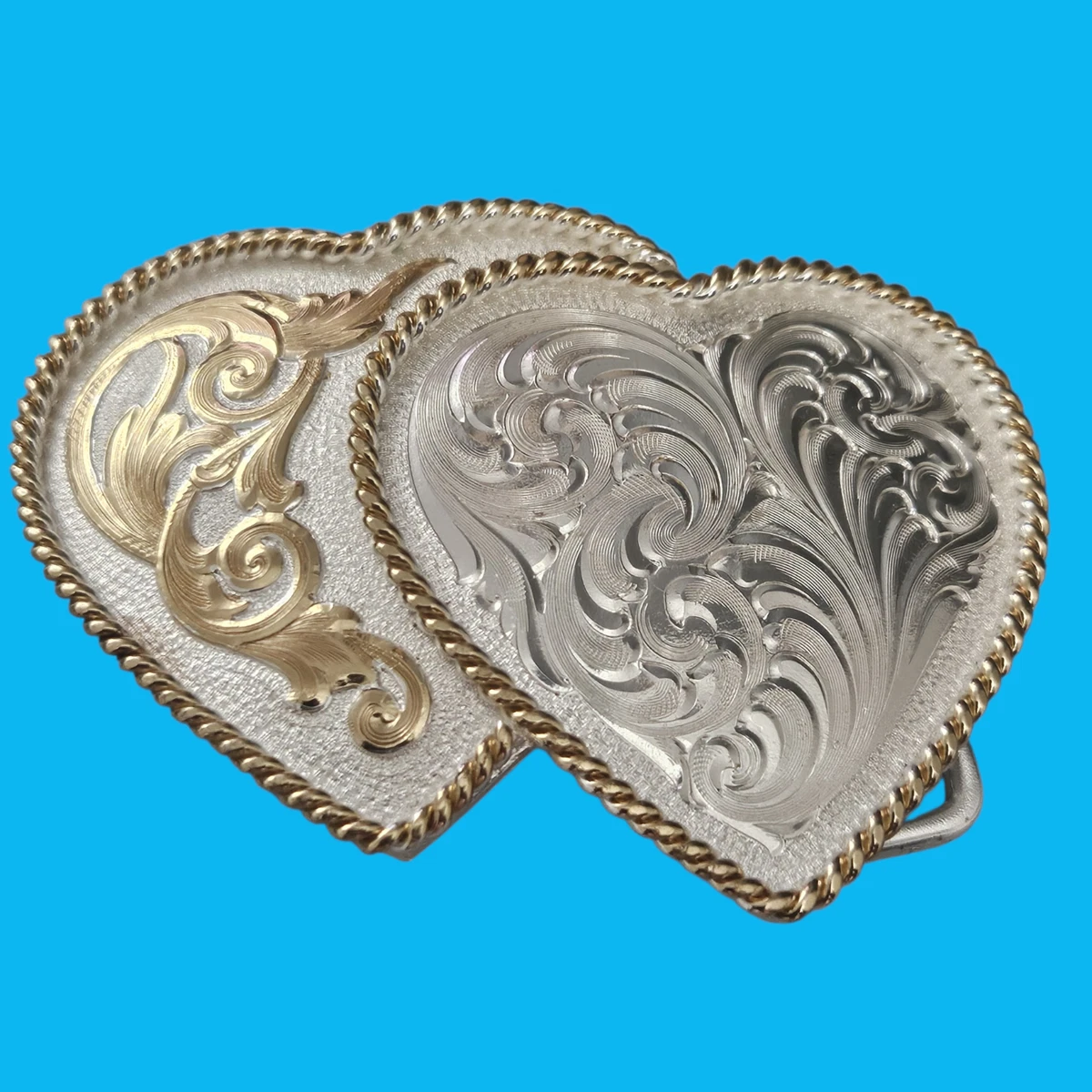 Montana Silversmiths Columbus Mont Silver Plated Buckle Hearts With Leather Belt Vintage MONTANA SILVERSMITHS Silver Plate Gold Tone DOUBLE  main image 2