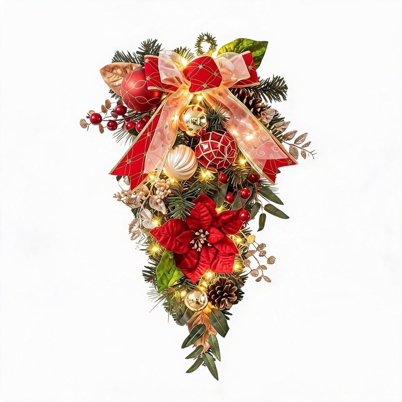 24 Inch Christmas Teardrop Wreath with Lights for Door 8 Timer Battery Operated