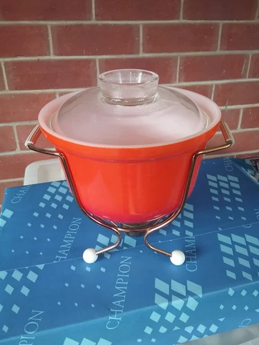 Vintage Retro Crown Pyrex Orange RED Dish Bowl METAL FRAME BURNERN  CRADLE