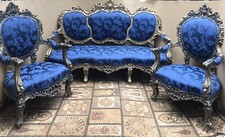 Fine Antique Chateau Blue Silk Demask & Carved Giltwood 3 Piece Boudoir Suite