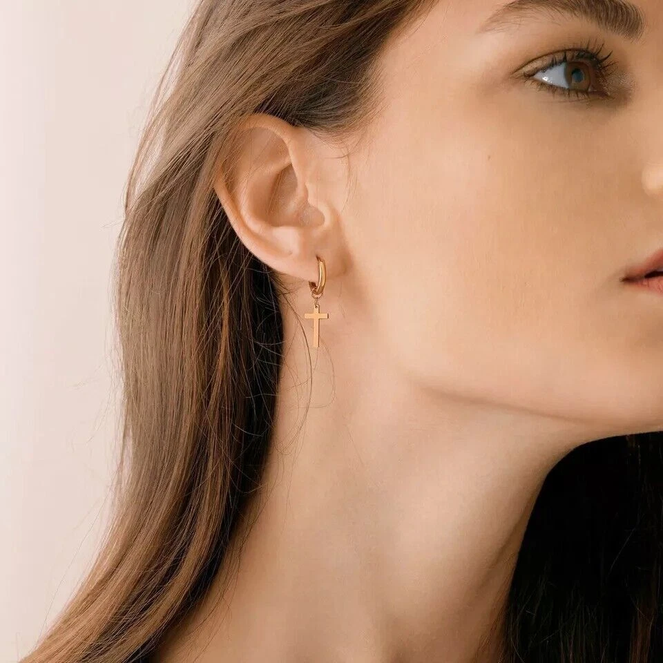 2x Orecchini a Cerchio in Acciaio Pendente CROCE Classico Punk rock unisex - Immagine 3 di 4