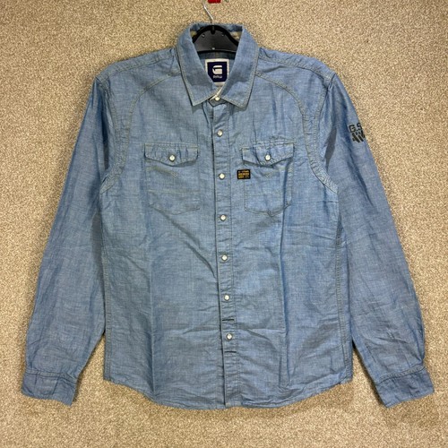 G STAR RAW Mens Shirt Large Blue Western Denim Long Sleeve Arizona Pearl Snap