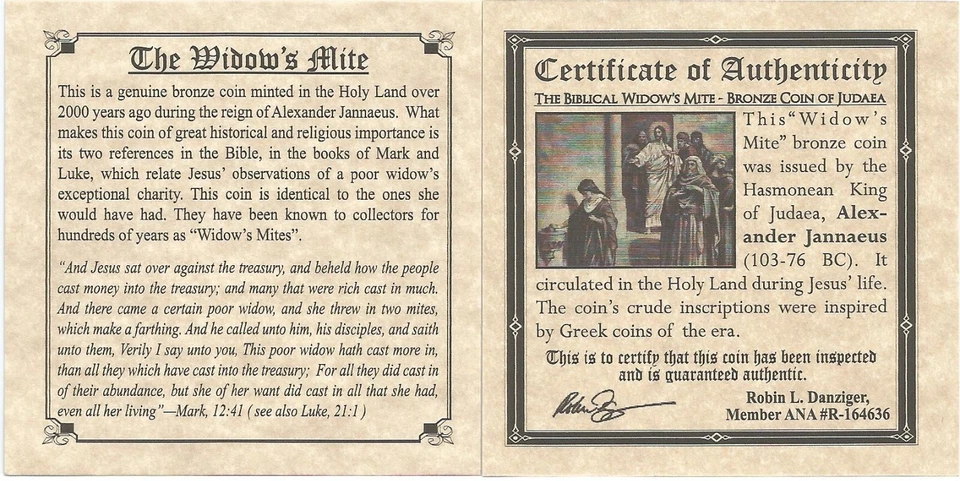 Auténtico ácaro viudo antiguo moneda de Judea de la Biblia mini álbum y certificado de autenticidad - PROMEDIO Foto 2 de 3