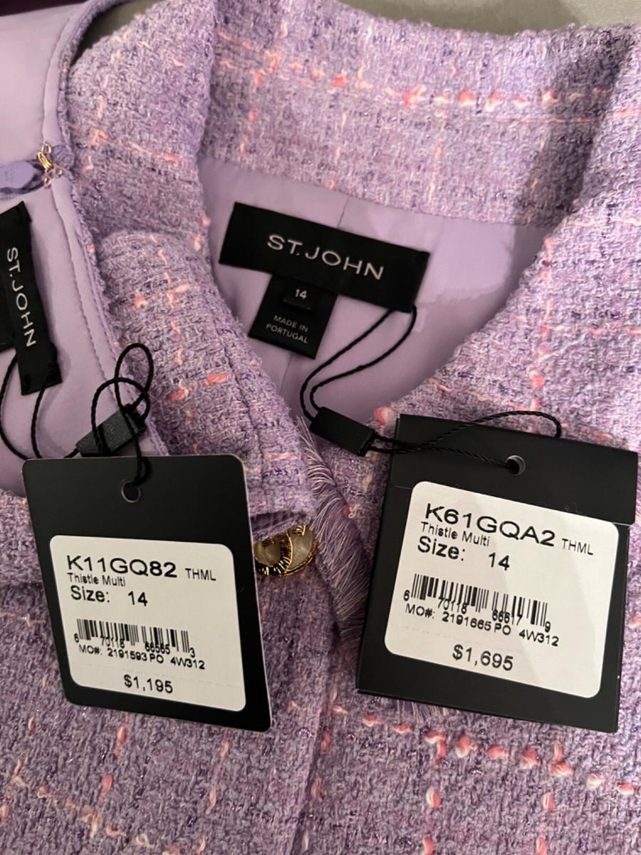 Veste Tweed Tricotée St. John Collection Violette - Taille 16 Femme, Neuve Avec étiquettes