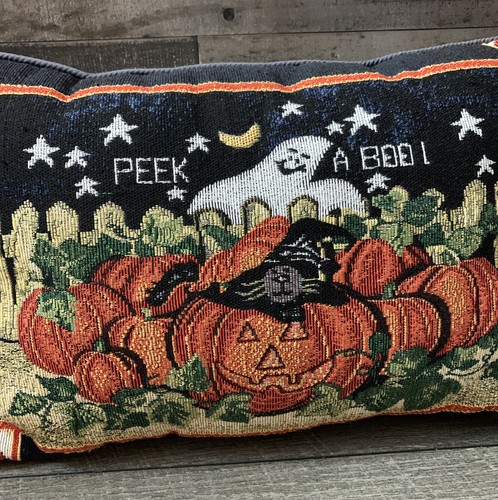 Halloween Jack O Lantern Ghosts, Pumpkins, Embroidered "Peek A Boo!” Pillow - Picture 2 of 6