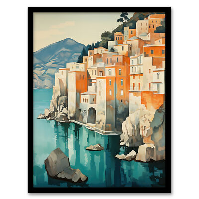 Amalfiküste blau orange grün Dorf Italien Landschaft Wandbild Poster Druck