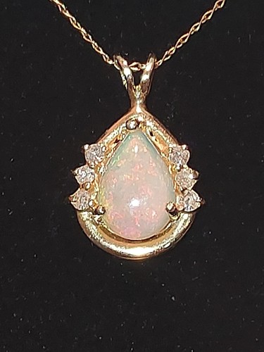 14K Yellow Gold~**PEAR SHAPED OPAL W/ 6 ACCENT DIAMONDS PENDANT**~9 MM X 6 MM