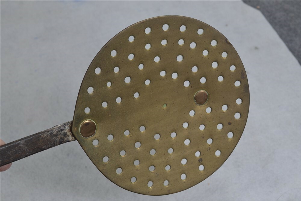 antique brass fireplace cooking ladle dipper brass iron slotted 19th c