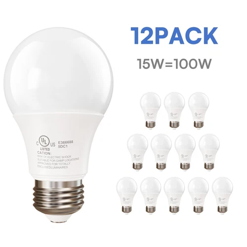 12/24Pack A19 LED Light Bulbs 15W Equivalent 100W Replacement Daylight 6500K E26