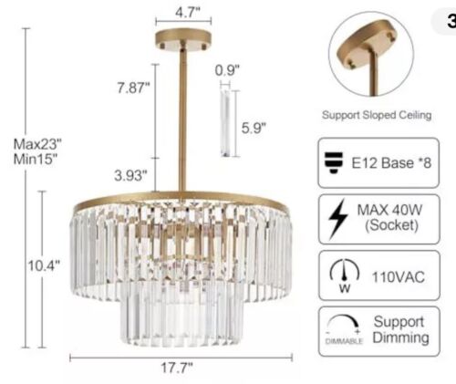 Lighceac 17.7“ Gold Semi Flush Mount 2-Tier Crystal Ceiling 8 Light Modern Nice! - Picture 6 of 9