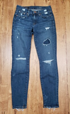 J. CREW Toothpick Jeans Women 25 Stretch Lo-Rise Patched Distressed Blue Denim
