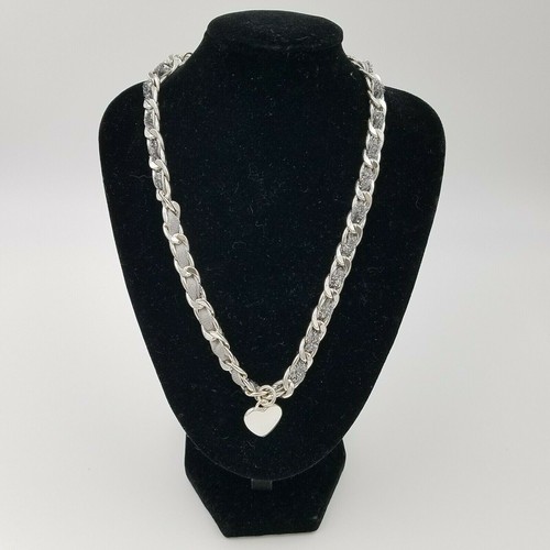 Silver Tone Heart Pendant Necklace Chain Link and Rhinestones Valentine Love 17" - Picture 5 of 6
