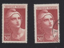 2 timbres Marianne Gandon 50F brun-rge n° 732 Y&T France 1945-47 neuf & oblitéré