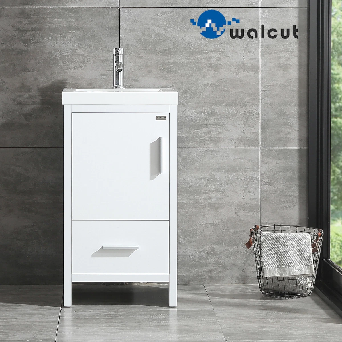 Small Bathroom Vanity Single Narrow Cabinet Ceramic Sink White