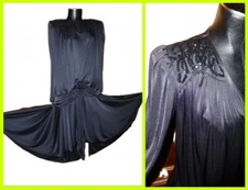 Vtg 80s DECO Flapper BLACK silky Jersey Ruched Sequins Cocktail party DRESS L