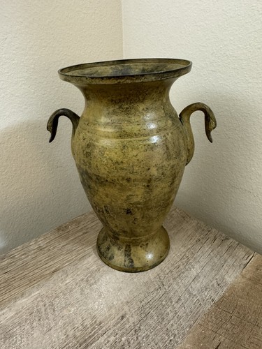 Vintage French Patina Bronze Urn Swan Handles Empire Vase