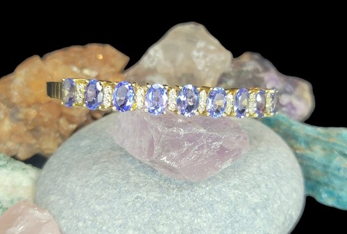 14K Yellow Gold 10.00 CTW Oval Cut Tanzanite & Diamond Hinged Bangle Bracelet 7" - Picture 6 of 12