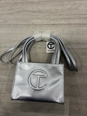 Telfar Silver Metallic Mini Shopping Tote Bag Magnetic Closure Double Handles