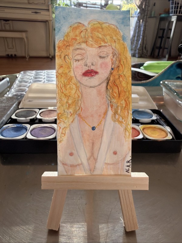 ACEO Original  Painting Portrait By N.A.R. 2x4 Watercolor & Acrylic OOAK Nude