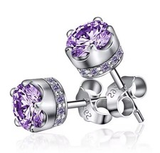 925 Sterling Silver Purple Amethyst Stud Earrings Classic Real Crown Crystal