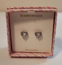 QVC Diamonique Sterling Silver Heart Halo Stud Earrings NEW GIFT BOXED