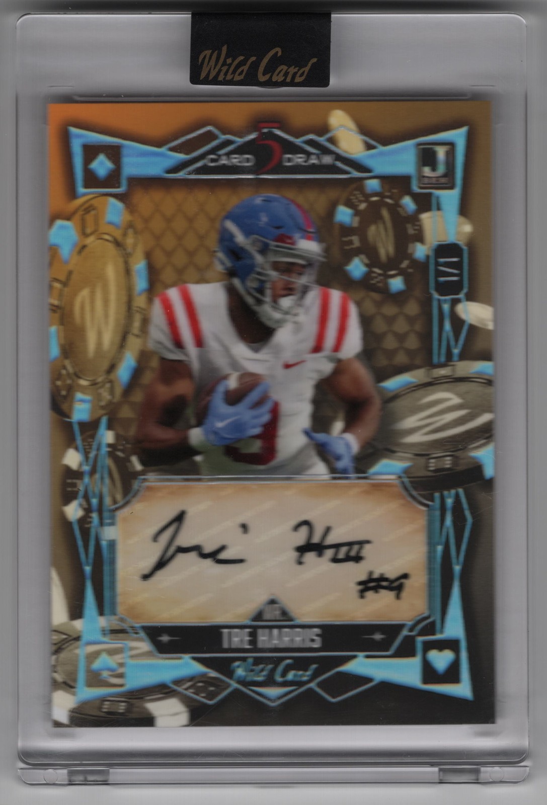2024 Wild Card 5 Card Draw #5CDMA-TH Tre Harris Blue AutoModern Gold/Blue #/1