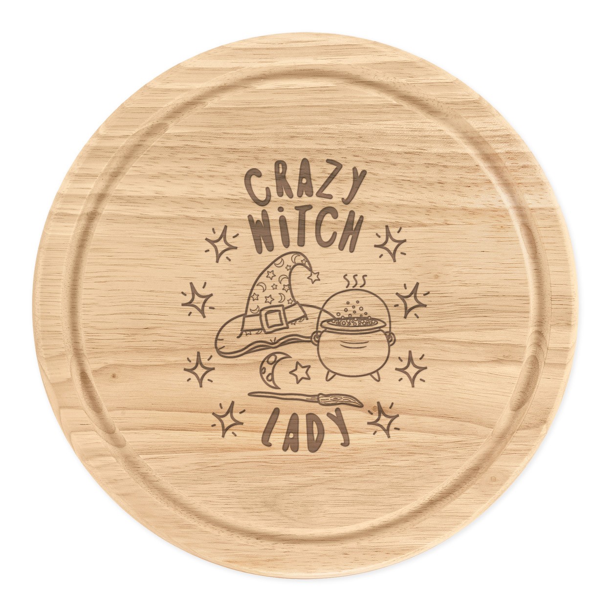 Crazy Witch Lady Stars Round Chopping Cheese Board Funny Joke Magical Spell