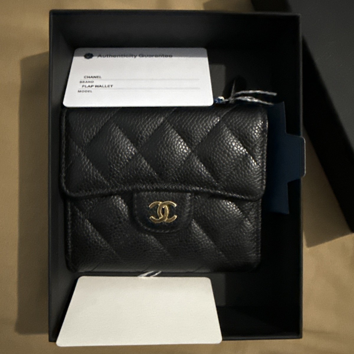 Vintage CHANEL Matelasse Black Caviar Leather Trifold Wallet Gold 