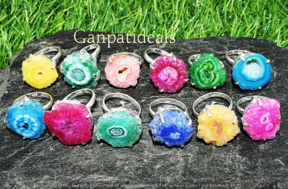 ¡Venta a granel!! Lote al por mayor de anillos enchapados en plata 925 con piedras preciosas druzy de cuarzo Foto 3 de 4