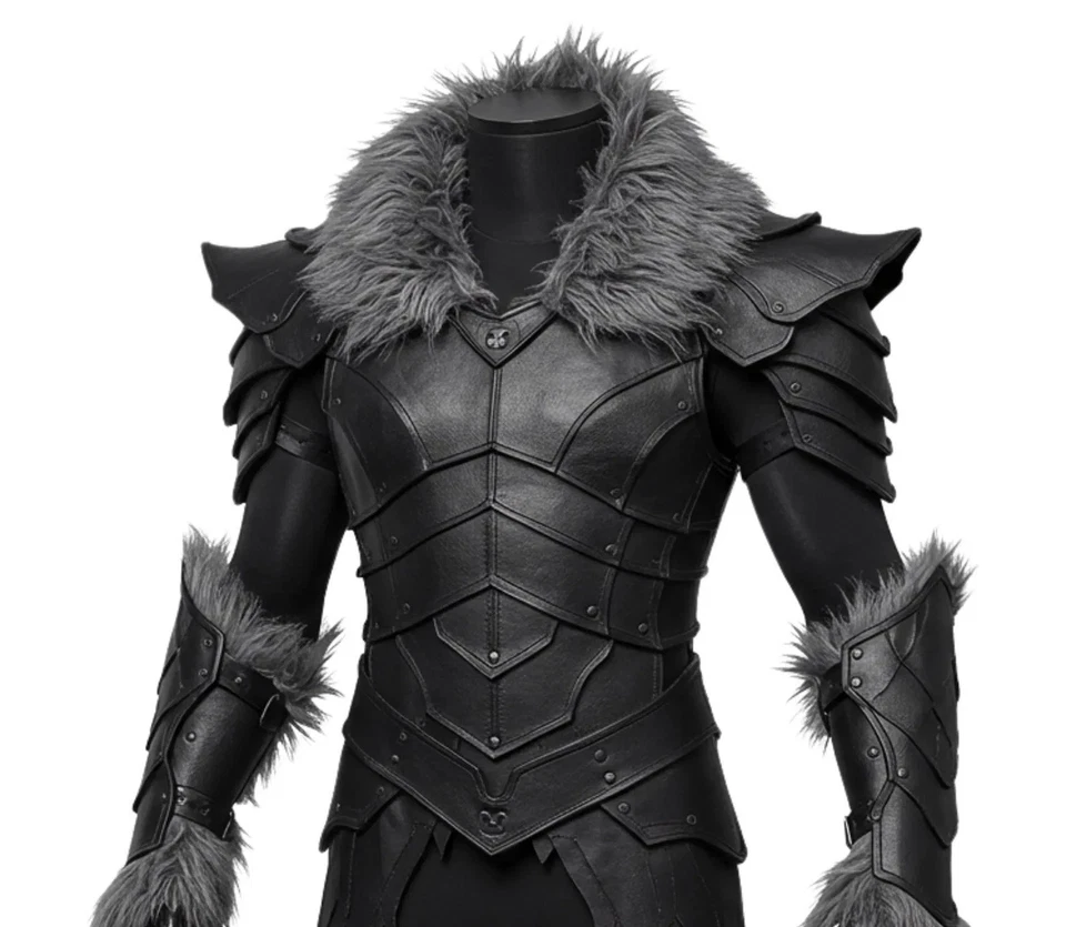 Black Leather Medieval Fur Armor Pure Cowhide Knight Armor Cosplay Halloween - Image 2 of 4