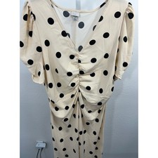 A New Day Polka Dot Ruched V-Neck Puff Sleeve High Low Midi Dress Cream Black XL