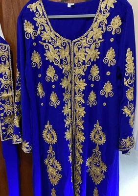 Moroccan Embroidered Kaftan Gandoura -Indian Wedding Dress Gold Blue ShipUSA - Photo 1/4
