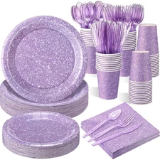 175 Pcs Pastel Purple Holographic Print Party Supplies 25 Guests Disposable D...