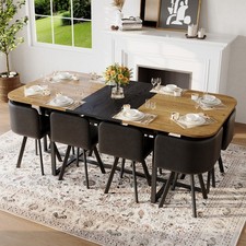 9-Piece Dining Set, Two-Tone Wood Grain Tabletop, 8 Faux Leather Chairs, Kitchen
