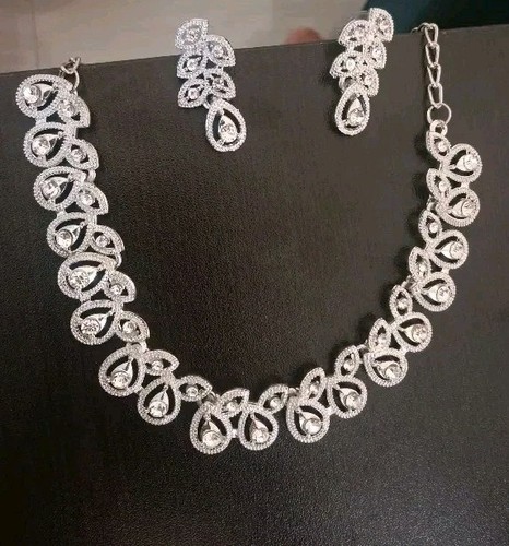 Ethnic Indian Bollywood Silver Plate CZ Necklace Earrings Jewelry Set - Picture 7 of 7