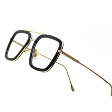 Square Glasses Men's Black Gold Frame Clear Lens Eyeglasses Retro Style Trendy