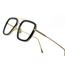 Square Glasses Men's Black Gold Frame Clear Lens Eyeglasses Retro Style Trendy