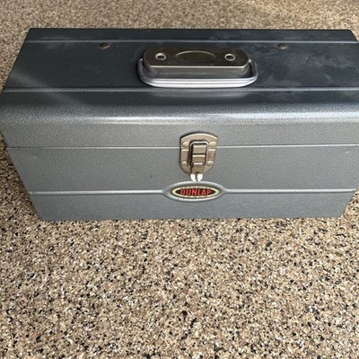 Vintage Dunlap Metal Tool Box Tackle Folding Made in USA Sears 14'' Long Grey