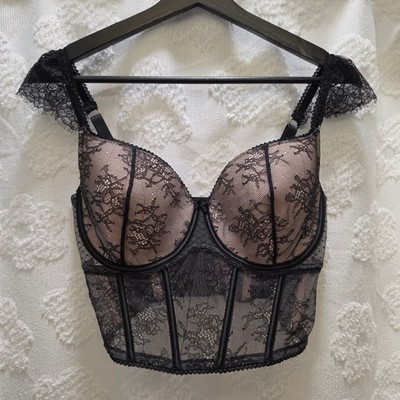 NWT Victorias Secret Dream Angels Black Lace Corset Bustier Top M-DD Cap Sleeve