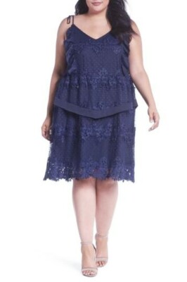  NWT  Lost Ink Layer Polka Dot Lace Spaghetti Strap Navy Blue Dress Sz 1x $118