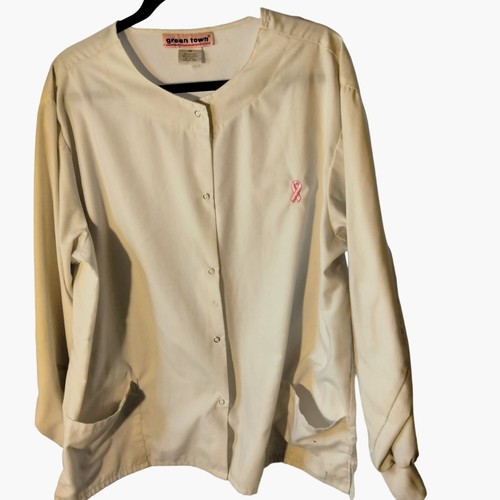 Green Town Pink Ribbon Scrub Top White Jacket Long Sleeve 2X - Afbeelding 3 van 8